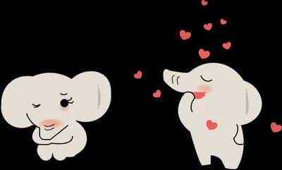 Two baby elephants reaching toward each other with floating hearts