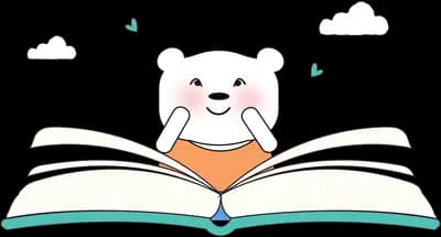 Bear reading an open book that fills the frame