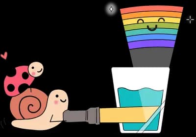 Snail beside a rainbow cup and a glass of water