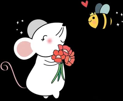 Mouse holding a flower while a bee hovers nearby