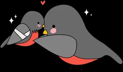 Grey bird with a long beak and floating hearts