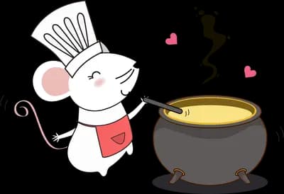 Chef mouse cooking at a black cauldron