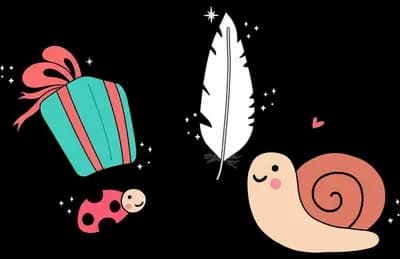 Snail carrying a gift with a feather and ladybug