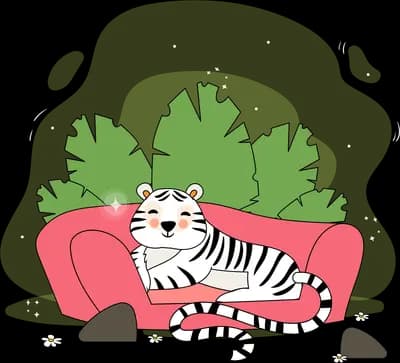Tiger lounging on a red sofa in front of foliage