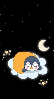 Penguin asleep on a cloud under a crescent moon
