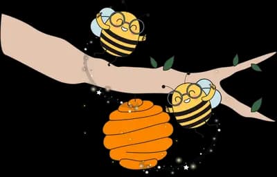 Bees tending a honeycomb hanging from a branch