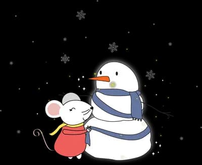 Mouse building a snowman in falling snow