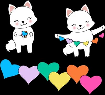 Two cats with bunting above a row of colourful hearts