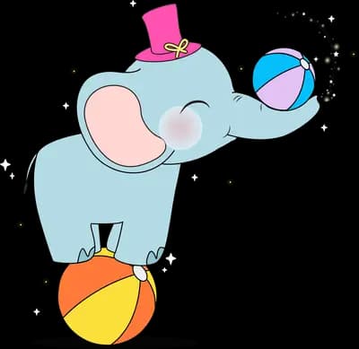 Circus elephant in a top hat balancing on a ball