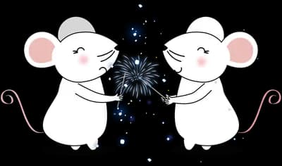 Two mice on either side of a cluster of dark bubbles