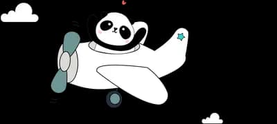 Panda flying a white paper plane through clouds