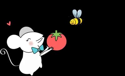 Rabbit reaching toward a bee and an apple