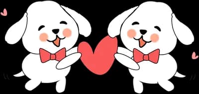 Two puppies in bow ties sharing a red heart
