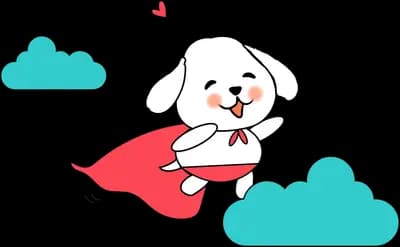 Dog flying on a red paper plane through clouds
