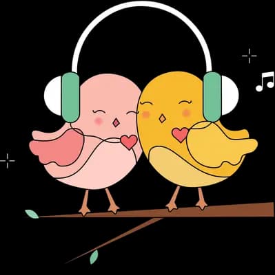 Two birds in headphones sitting on a branch