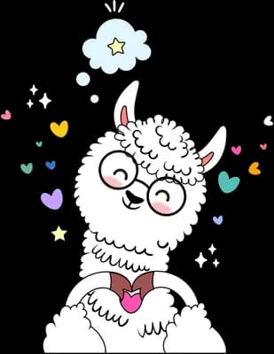 Llama in glasses with a thought bubble and hearts