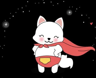 Cat in a red superhero cape with a heart emblem