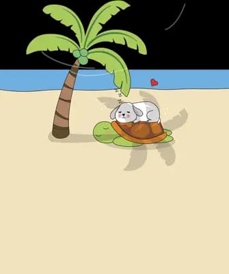 Turtle resting on a beach under a palm tree