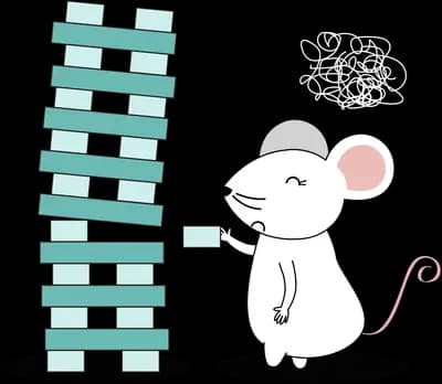 Mouse pulling a block from a tall jenga tower