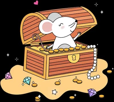 Mouse sitting inside an open treasure chest of coins