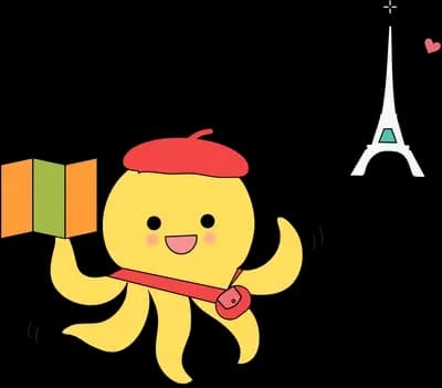 Octopus in a beret holding a telescope by the Eiffel tower