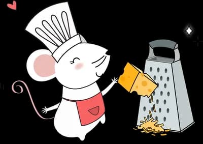 Chef mouse grating cheese beside a grater