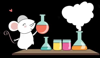 Mouse conducting an experiment with lab flasks