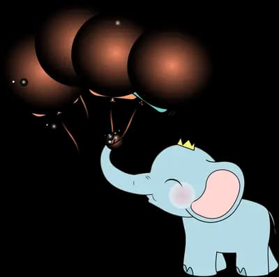 Elephant holding dark balloons