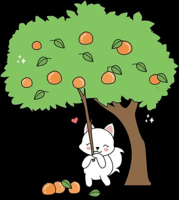 Cat swinging from a fruiting orange tree