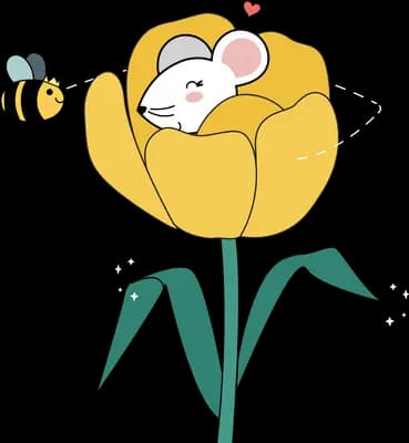 Mouse nestled inside a yellow tulip with a bee