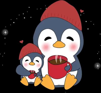 Penguin family in winter hats huddled together