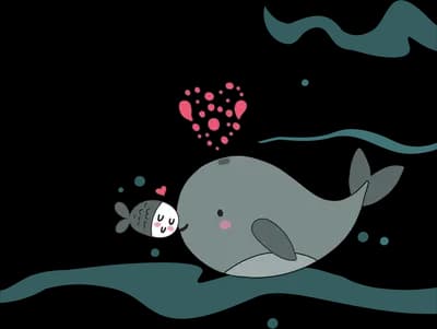 Seal swimming beneath a trail of hearts with a fish