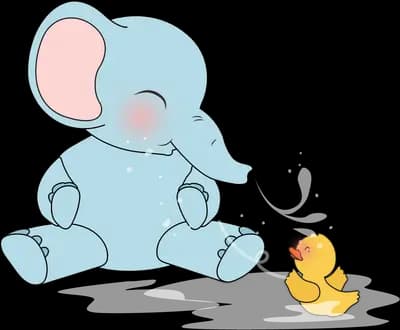 Baby elephant sitting beside a small duckling