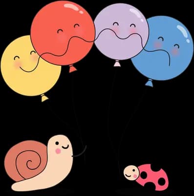 Snail and ladybug holding balloons with faces
