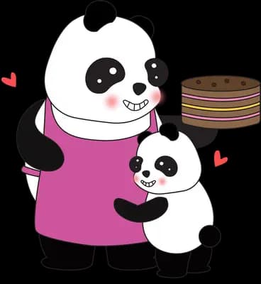 Two pandas hugging while holding a cake