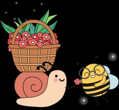 Snail carrying a basket of berries with a bee