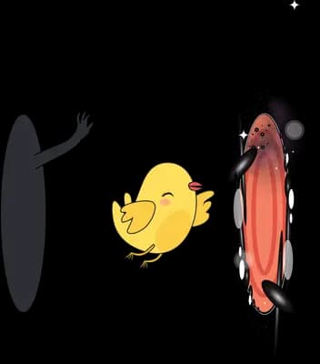 Chick between a dark shape and a red feather form