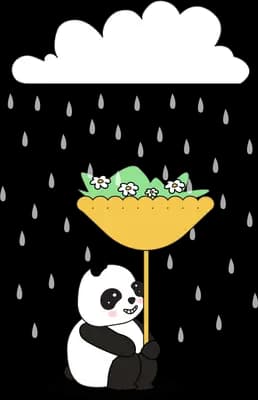 Panda holding up a tray of plants under a cloud