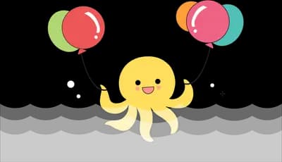 Octopus holding two colourful balloons