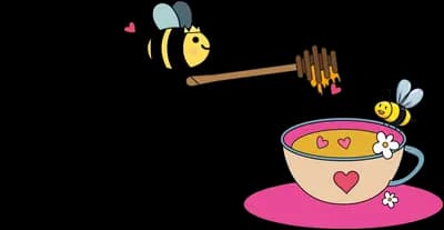 Bees with a honey dipper over a pink teacup