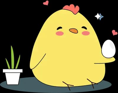 Chick standing beside a small potted plant