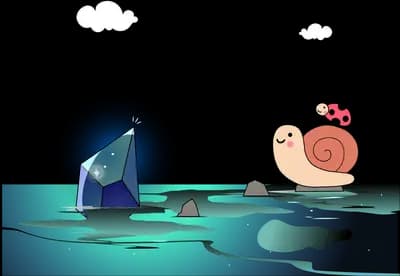 Snail beside a dark orb reflected on water
