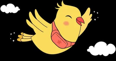 Yellow bird flying between small clouds