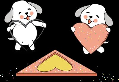 Two dogs holding white and red hearts on a mat