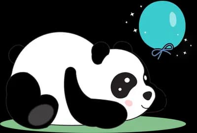 Panda lying on grass holding a balloon