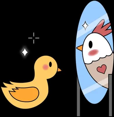 Duck looking at its reflection in a tall mirror