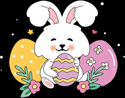 Rabbit with decorated easter eggs and flowers