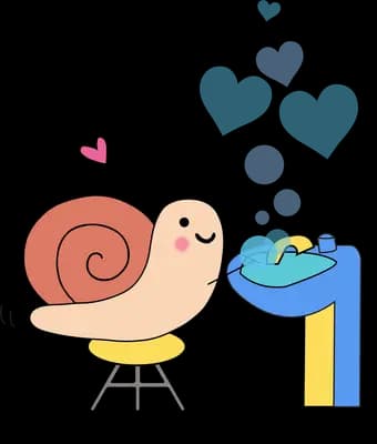 Snail on a stool blowing blue hearts