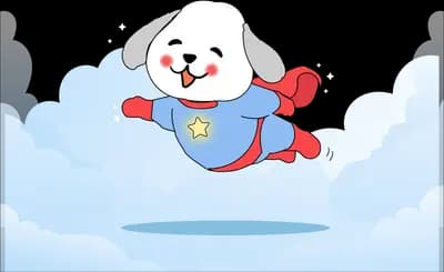 Dog in a superhero cape flying through clouds