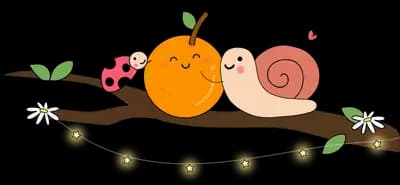Snail beside a smiling orange on a branch